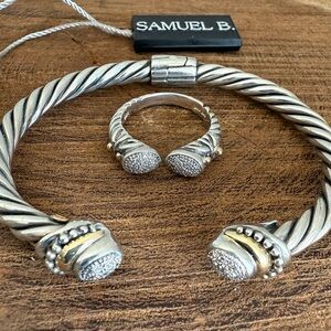 SAMUEL B Sterling Silver and Gold Pave Diamond Bangle Bracelet and Ring Set